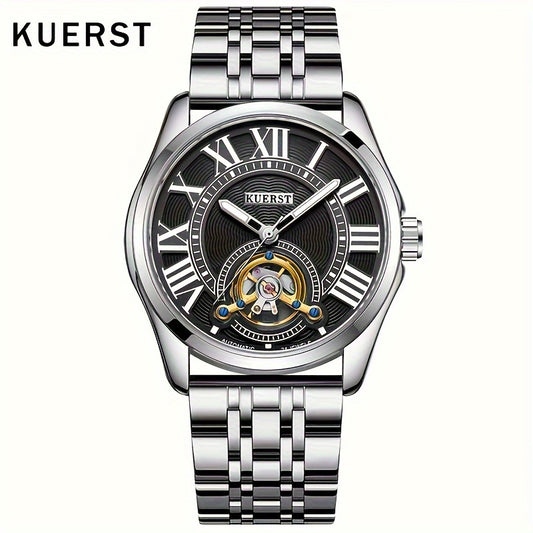 KUERST brand 2025 the latest men's stainless steel belt automatic mechanical watch simple three needle 3D three-dimensional multi-level hollow disc flywheel hollow design watches, business fashion suitable for all kinds of important occasions