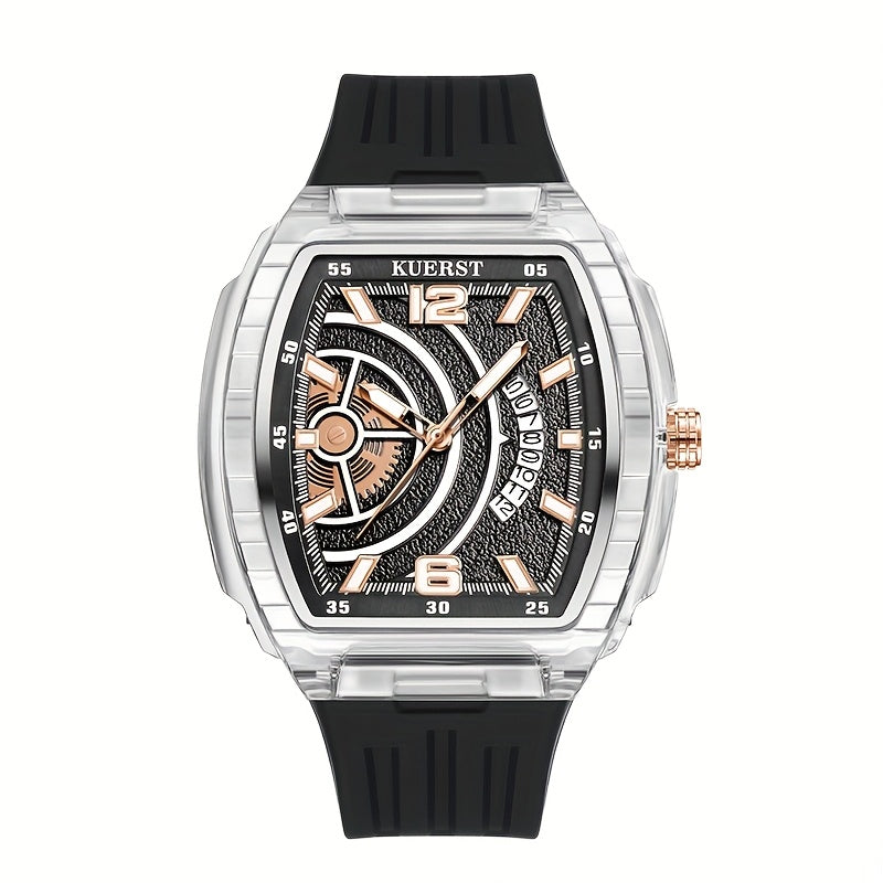 The KUERST brand men's quartz watch with a transparent case and barrel-shaped design is lightweight, comfortable and features a calendar function. It is a trendy and fashionable quartz wristwatch