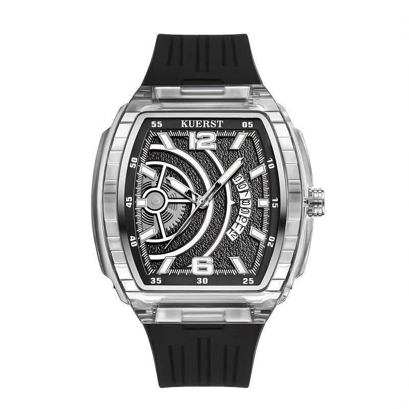 The KUERST brand men's quartz watch with a transparent case and barrel-shaped design is lightweight, comfortable and features a calendar function. It is a trendy and fashionable quartz wristwatch