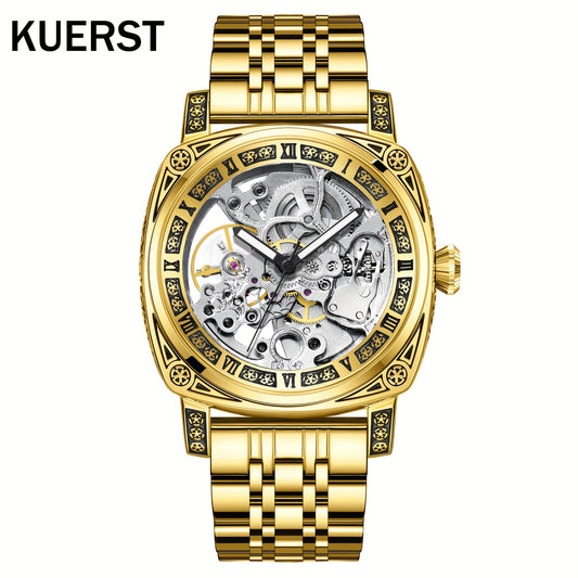 KUERST brand 2025 the latest authentic men's steel belt automatic mechanical watch, retro gold carved shell with hollow-out classic simple three-pin brand high-end watch