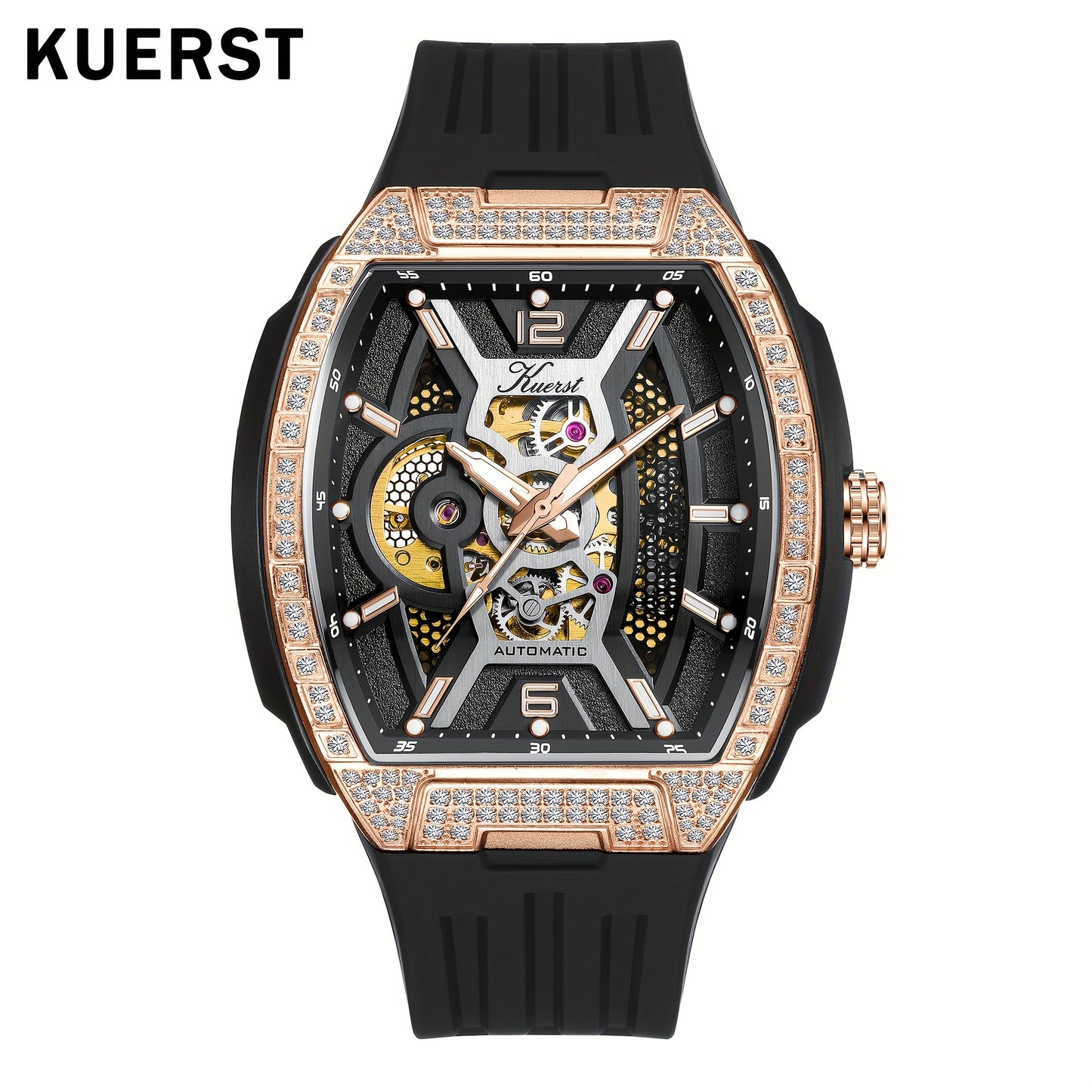 KUERST brand 2025 men's tape automatic mechanical watch classic wine barrel shape diamond-inlaid carved shell with 3D three-dimensional multi-level hollow face plate and back through cool watch